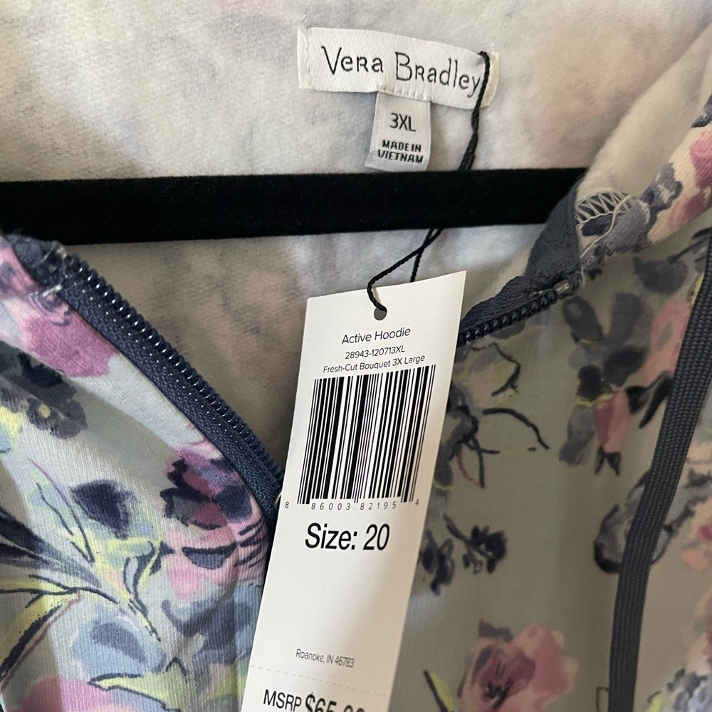 Vera Bradley Light Blue Floral Zip Hoodie with Navy Trim - Picture 2 of 6